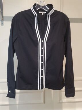 NaraCamicie Itilian Designer Black Blouse White Double-Stripe Trim Size II (M)